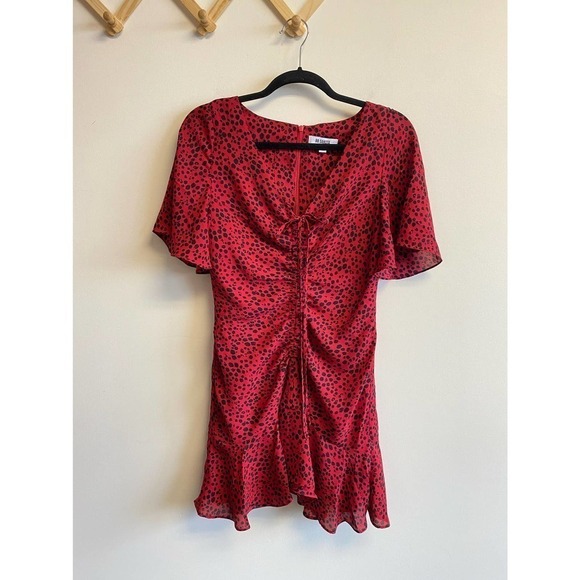 BB DAKOTA Women's Party Animal Print Dress Red Black Dot V-Neck Size 4 - Picture 1 of 13